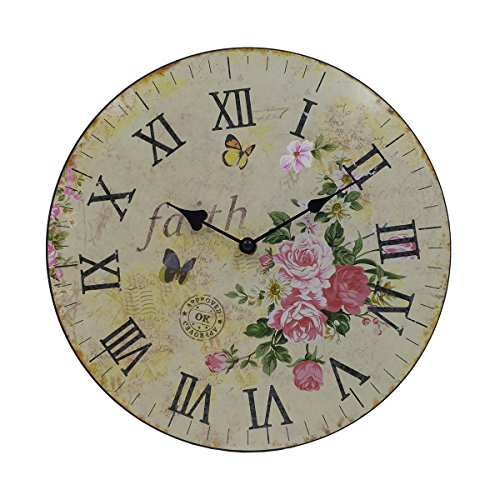 Hippih Silent Round Wall Clocks (12 Inches) Living Room Decorative Vintage / Country / French Style Wooden Clock(Round Flower)