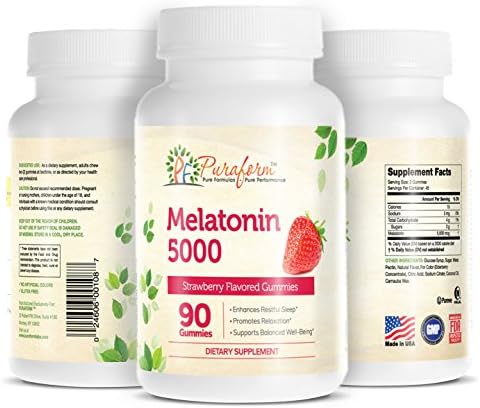 Puraform Melatonin Chewable Gummies for Adults. A Tasty Strawberry Flavored, Sweet Sleep Aid. Enhances Quality of Rest. 5mg Melatonin per serving. Natural, GLUTEN FREE. 90ct. Kosher &amp; HALAL Certified