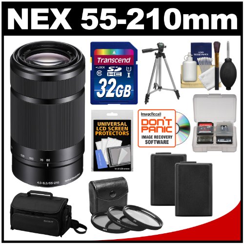 Sony Alpha E-Mount 55-210mm f/4.5-6.3 OSS Zoom Lens (Black) with Sony Case + 32GB Card + 2 NP-FW50 Batteries + 3 Filters + Tripod Kit