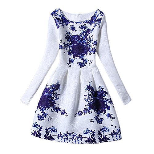 Caracilia Women Long Sleeve Vintage Style White Floral Print Dress