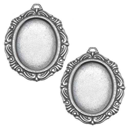Antiqued Silver Plated Scrolled Oval Bezel Stampings 18X25mm X2
