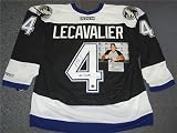 Vinny LeCavalier Autographed/Hand Signed Tampa Bay Lightning Black Jersey with 04 Champs Inscriptio
