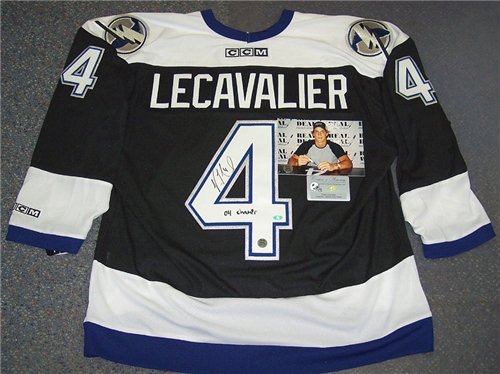 Vinny LeCavalier Autographed/Hand Signed Tampa Bay Lightning Black Jersey with 04 Champs Inscriptio