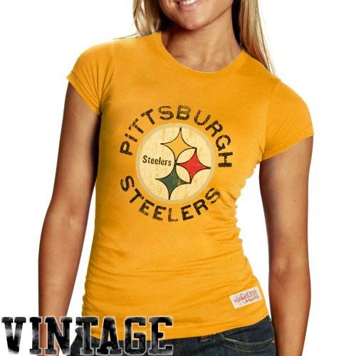Mitchell & Ness Pittsburgh Steelers Ladies Gold Juniors Vintage Graphic Premium T-shirt (Large)