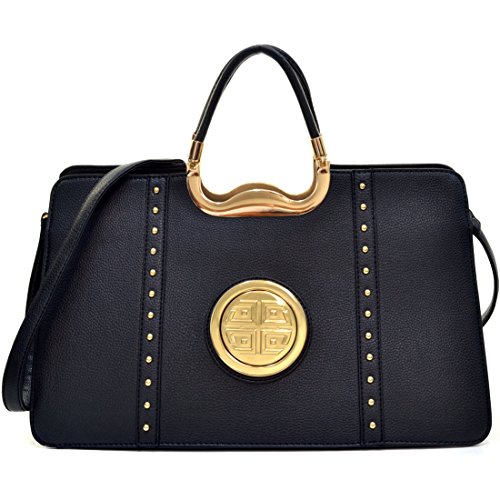 Dasein Faux Buffalo Leather Studded Expandable Hinge Handle Satchel, Shoulder Bag, Handbag, Tablet Bag, iPad Bag