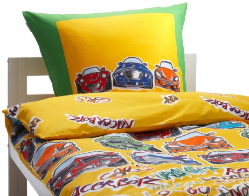Essenza 8715944095914 Bettw&auml;sche - Racing 135 x 200 cm und 80 x 80 cm, Baumwolle gelb (yellow)