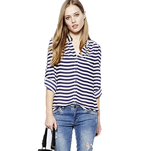 YeeNoke®  ブラウス レディース ボーダー柄  長袖 シフォン  大きいサイズ  長袖シャツ    カジュアル オシャレ薄手 シャツ