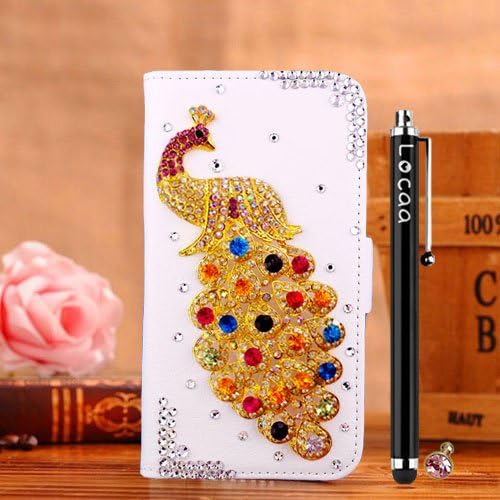 Locaa(TM) For Samsung Galaxy S6 Edge S6Edge (Not S6) 3D Bling Peacock Case + Phone stylus + Anti-dust ear plug Deluxe Luxury Crystal Pearl Diamond Rhinestone eye-catching Beautiful Leather Retro Support bumper Cover Card Holder Wallet Cases [Peacock Series] White case - Colorful peacock