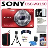 Sony Cyber-shot DSC-WX150 18.2 MP Digital Camera with 10x Optical Zoom and 3-inch LCD in Red + Sony 32GB SDHC + Sony Camer...