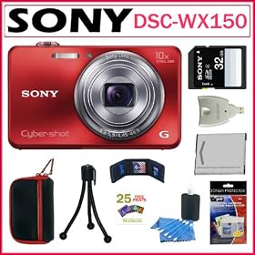Sony Cyber-shot DSC-WX150 18.2 MP Digital Camera with 10x Optical Zoom and 3-inch LCD in Red + Sony 32GB SDHC + Sony Camera Case + Sony Battery Pack + Accessory Kit