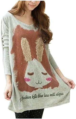 Shinegirl Women Pullover Sweaters Oversized Cashmere Sweater Cute Rabbit (Free, Light Grey)
