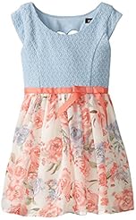 Girls  Cutout Cap Sleeves Floral Print Chiffon/Polyester/Knit  Dress With a Bow(s) and a Ribbon 