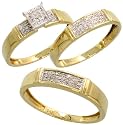 14k Gold 3-Piece Trio His & Hers Wedding Band Set, w/ 0.30 Carat Brilliant Cut Diamonds, 3/16" (5mm) wide