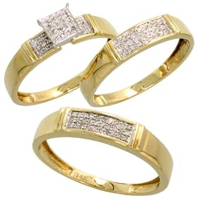 14k Gold 3-Piece Trio His & Hers Wedding Band Set, w/ 0.30 Carat Brilliant Cut Diamonds, 3/16" (5mm) wide