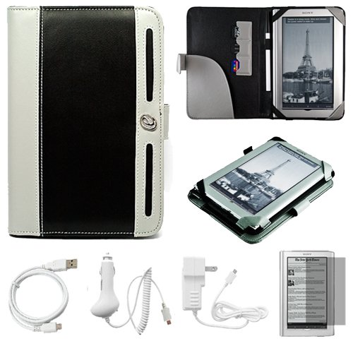 Black and Grey Protective Leather Case Cover with Accessory Slots for Sony PRS950 Daily Edition Wireless e-Reader + INCLUDES!!! Clear Screen Protector for SONY PRS950 LCD Display Screen + INCLUDES!!! White Rapid Travel Wall Charger with IC Chip + INCLUDES