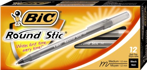 BIC Round Stic Ball Pen, Medium Point , 1.0 mm, Black, 12 Pens (GSM11-Blk)
