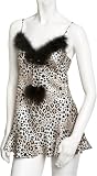  : Cinema Etoile Women's Jaguar Print Babydoll And Thong Set With Marabou Trim,Winter White/Black,Medium