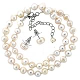 Pearl Freshwater Cultured White Necklace Strand 6-7mm 17" with Earrings in Designer Bag Bucasi