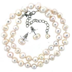 Pearl Freshwater Cultured White Necklace Strand 6-7mm 17" with Earrings in Designer Bag Bucasi