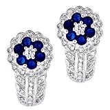 Sterling Silver CZ Diamond Sapphire Floral Clip Earrings