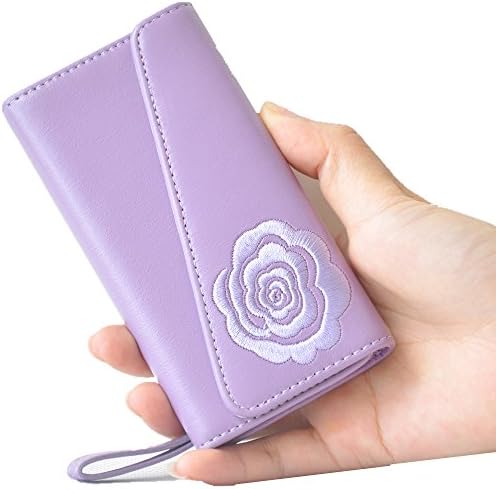 iPhone 5 Case, 5s Case, iPhone 5s Wallet Case for iPhone 5s with Cards Slots, with Embroidery Camellia Floral Flip ID Card Wallet Clutch Colorful Leather Purse iPhone 5 5s Cover Leather Case for iPhone 5 - 1 Pack - Packaging (Purple)