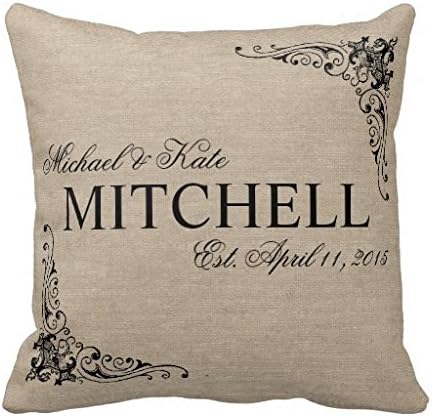 Decorative Square Pillow Case Monogram Faux Linen Burlap Rustic Names Wedding Pillow Cover 18"X18"
