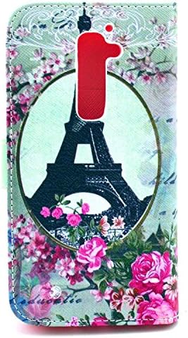 LG G2 Case, Eiffel Tower Floral Blossom Flip Wallet Credit ID Card Slot Holder Phone Case With Stand --Retail Package W Screen Protector --Romantic