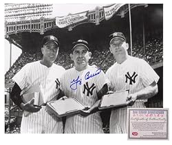 Yogi Berra New York Yankees MLB Hand Signed 8x10 Photograph with Joe DiMaggio and Mickey Mantle