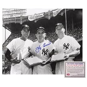 Yogi Berra New York Yankees MLB Hand Signed 8x10 Photograph with Joe DiMaggio and Mickey Mantle