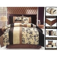 7 Pcs Luxury Taupe Yellow Black Flower Comforter Set Bed in a Bag Queen