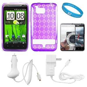 Purple Argyle Rubberzied TPU Silicone Skin Cover Case for Verizon Wireless HTC Thunderbolt 4G HD ADR6400 + Mirror Screen Protector + White Rapid Travel Wall Charger with IC Chip + White Rapid Car Charger with IC Chip + SumacLife TM Wisdom Courage Wristband