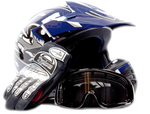 Youth Motocross ATV Dirt Bike MX Helmet, Gloves and Goggles Blue, Large Youth Motocross ATV Dirt Bike MX Helmet, Gloves and Goggles Blue, Large