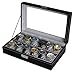 Sodynee® Watch Box Large 12 Mens Black Pu Leather Display Glass Top Jewelry Case Organizer