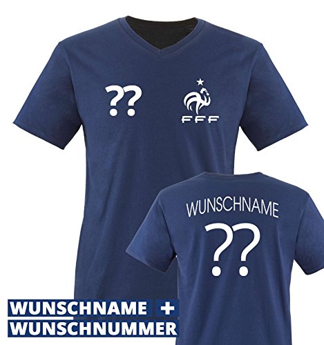 EM 2016 – TRIKOT – WUNSCHDRUCK – Herren V-Neck T-Shirt – Navy / Weiss Gr. XL