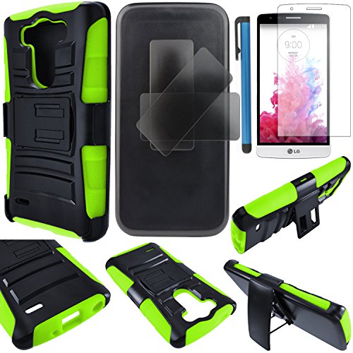LG G3 VIGOR Case Cover (not for G3) 3-items Bundle-HERCULES Dual- Layer Hard/Gel Hybrid Kickstand Armor Case w/ Holster (Black/Green)+ICE-CLEAR(TM) Screen Protector Shield(Ultra Clear)+Touch Screen Stylus