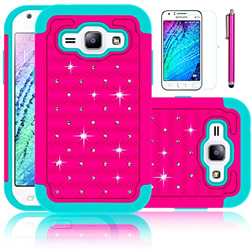 Galaxy J1 Case, EC™ Studded Rhinestone Case, Hybrid Armor Dual Layer Bling Crystal Rugged Rubber Hard Case Cver Samsung Galaxy J1 / J100 (Rose/Teal)