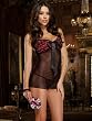 Sexy Black Mesh Chemise with Satin Heart Print Open Crotch Pantie and Lovers Game 3 Piece Set Gift Idea