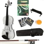 Mendini MV-White Solid Wood Metallic White Violin + Book/DVD, Hard Case, Shoulder Rest, Bow, Rosin & Strings in Size 1/4