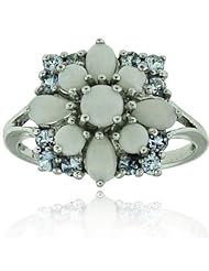 14k White Gold Opal-Tanzanite Cluster Gemstone Ring, Birthstone of October