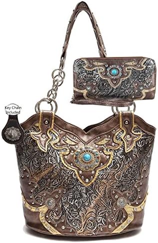 Western Concealed Gun Bucket Purse Wallet Set, Floral Embossed, Plus Western Keychain (Rose Gold)