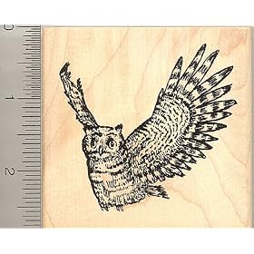 Owl in Flight Rubber Stamp - Wood Mounted