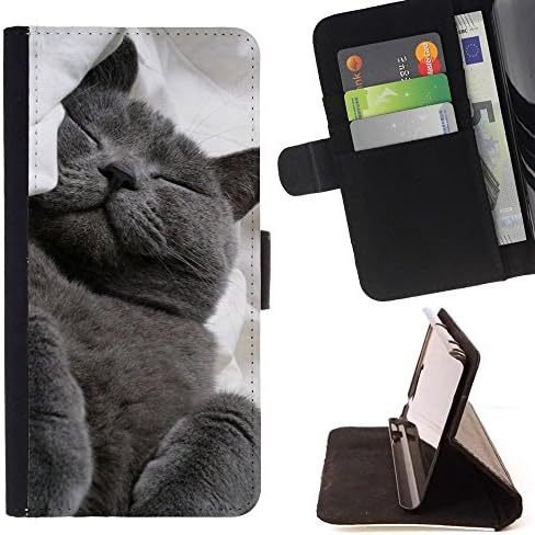 Momo Phone Case / Wallet Leather Case Cover With Card Slots - Russian Blue Korat Cat Black Feline - Samsung Galaxy Note 4 IV