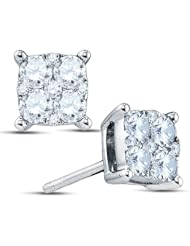 18K White Gold Round Brilliant Cut Diamond - Square Princess Shape Invisible & Channel Set Studs Earrings with Secure Push Back Closure - (.28 cttw.)
