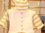 Knitted on Hand Knitting Machine Natural Chenille New Born Boys Cardigan Hat Set Sleeves and Hat Are with Four Stripes. With Beige Chenille