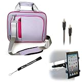 eBigValue PURPLE WITH MAGENTA Travel Smart Carrying Case with Optional Adjustable Shoulder Strap // Airport Check-Point-Friendly // For ViewSonic ViewPad 10e 10 inch + Includes a 3.5mm Stereo Audio Cable (6 feet) + Includes Headrest Mount Complete 360 Degrees Rotation + Includes an eBigValue TM Determination Hand Strap Key Chain