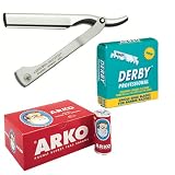 SF256-DOVO Silver Shavette Satin Finish Straight Razor with Red Holder, 100 Derby Professional Single Edge Razor Blades and Arko Shaving Cream Soap Stick. Great Gift Set For Men.