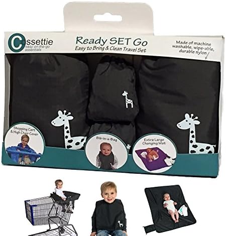 Travel Essentials 4 Piece Gift Set for Babies &amp; Toddlers - Shopping Cart &amp; High Chair Cover, Extra Long Bibs, &amp; Extra Large Changing Mat in Gray - Cool &amp; Unique Baby Shower Gift - Machine Washable