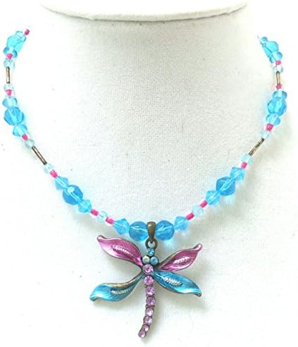 01 Pink and Blue Dragonfly Necklace - Unique Statement Jewelry - Gift for Her