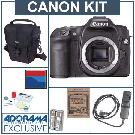 Canon EOS-40D Digital SLR Camera U.S.A.Kit, with 4GB CF Memory Card, Spare BP-511 Lithium-Ion Battery, Lowepro Holster-Style Case, Mack 3 Year Extended Warranty, Digital Remote Release, Professional Lens Cleaning Kit