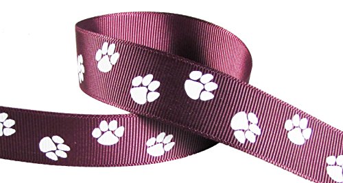 HipGirl Brand Printed Grosgrain Ribbon, 5 -Yard 7/8-Inch School Paw Prints, Maroon/White